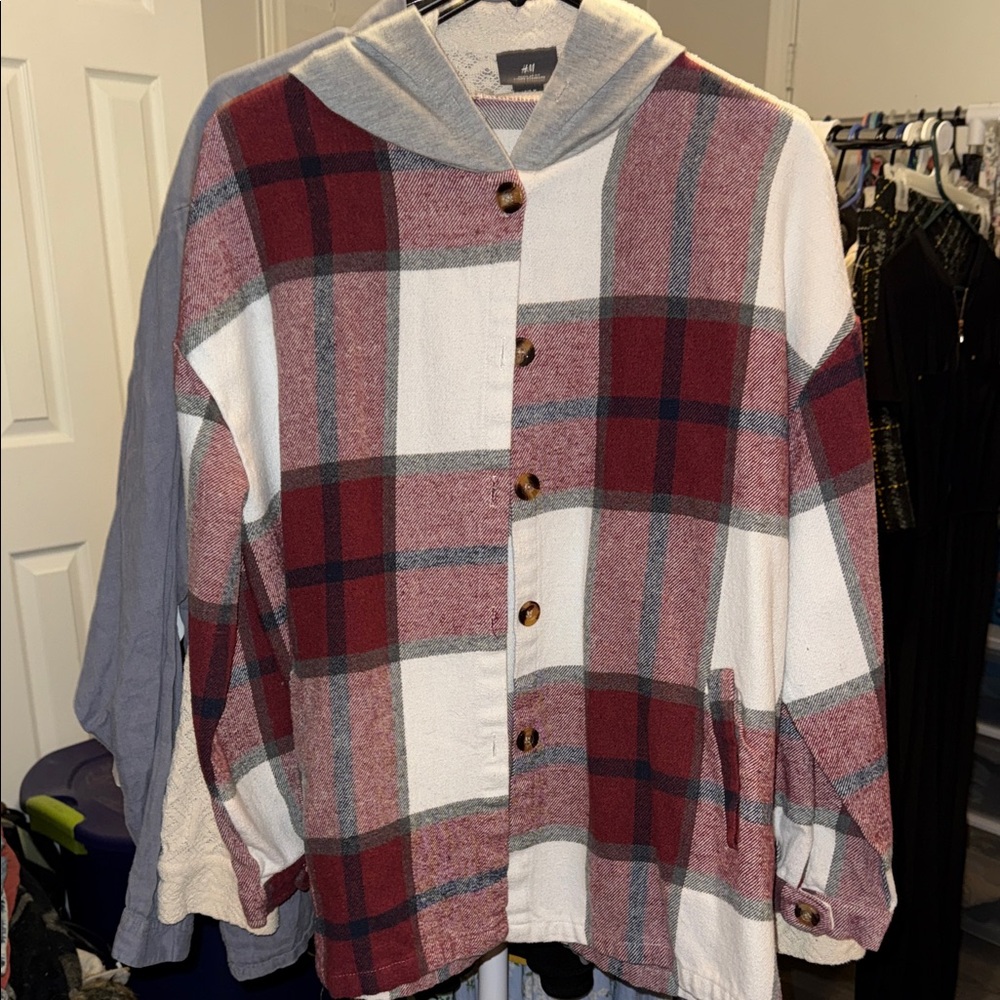 Source Unknown Burgundy and Cream Plaid Button Down Shirt